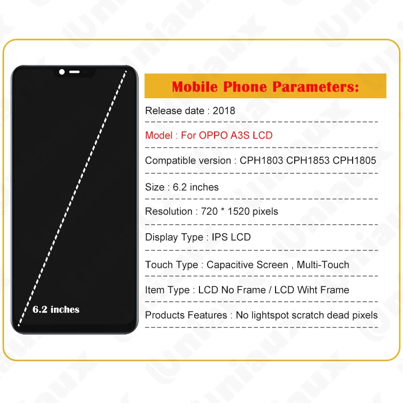 Oppo A3s LCD ÷ ü ġ ũ Ÿ,  , 6.2 ġ, CPH1803, CPH1853, CPH1805 ÷
