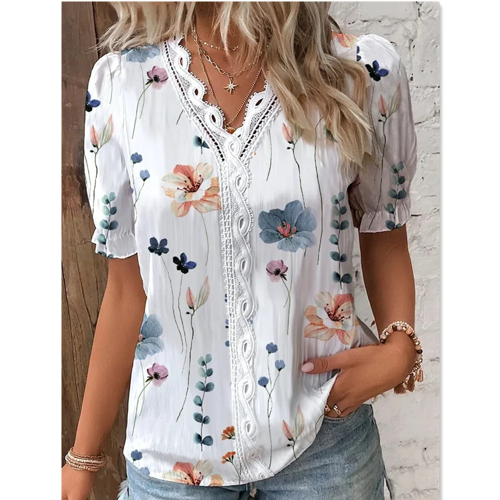 

Summer V-neck Lace Patchwork Printed Shirt For Women's Casual Loose Chiffon Blouse Elegant /youthful Blusas Tops Mujer 2023