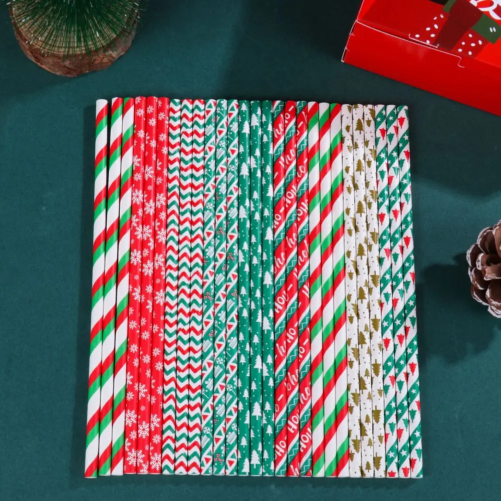 25Pcs New Table Decor Party Supplies Christmas Decorations Snowflake Drinking Straw Christmas Paper Straws Disposable