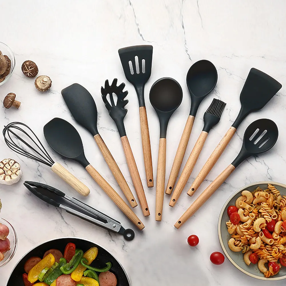 Wooden Handle Kitchenware Silicone Kitchenware 12 Piece Set Creative Baking Silicone Shovel Piece non-stick Frying Cooking kitchen utensils