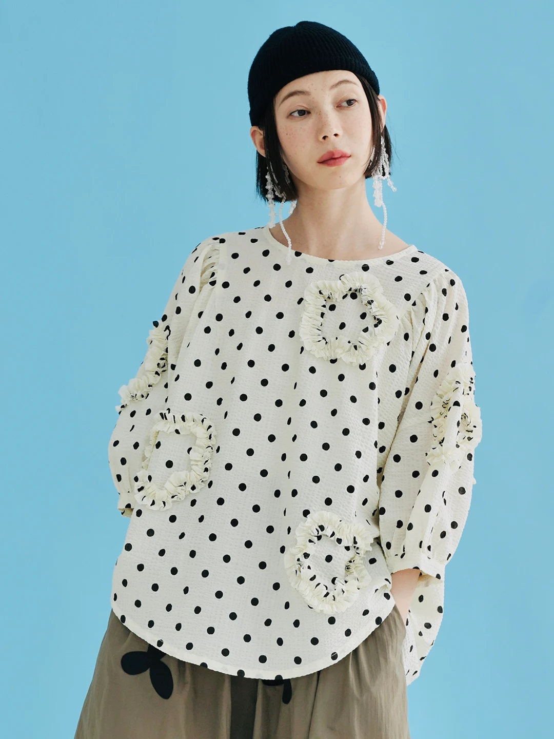 

IMAKOKONI original design Polka Dot crew neck pullover Long sleeve T-shirt Flower stitching casual loose summer top 223711