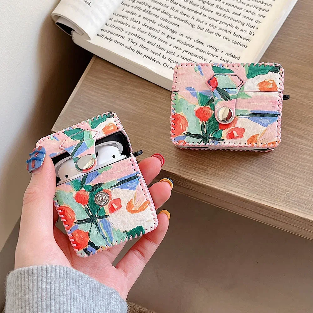 Custodia per auricolari con pittura a olio di fiori d'arte per Apple Airpods 2 1 3 Air Pods custodia in pelle Vintage per AirPod Pro Protection Box Shell