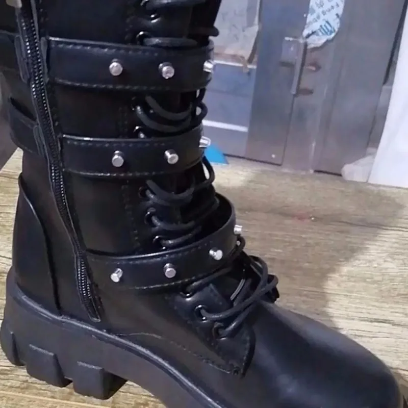 Bottines Filles Style Punk/gothique - Semelle épaisse, Imperméables, Antidérapantes, Avec Lacets Et Fermeture éclair (noir)