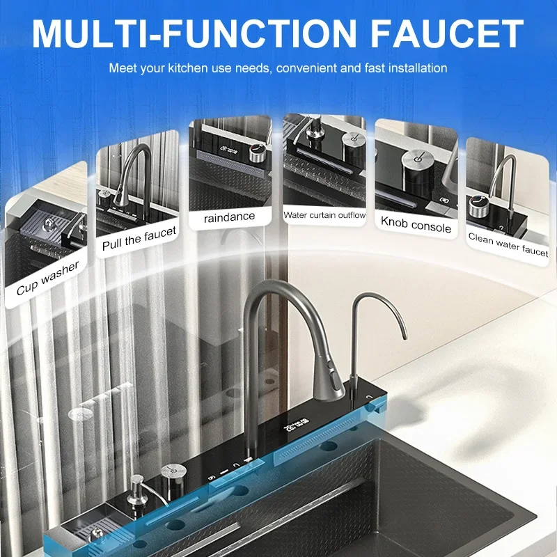 Double Waterfall Sink Stainless Steel Kitchen Sink Embossed Large Single Slot Ambient Light Digital Display Wash Basin 6