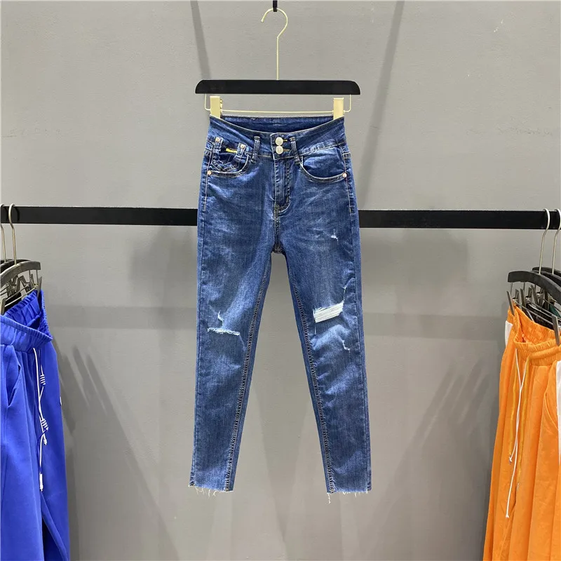 여성용 얇은 블루 찢어진 스키니 청바지, 2023 봄 여름 하이 웨이스트 슬리밍 스트레치 카프리 펜슬 팬츠 패션, 유럽 상품