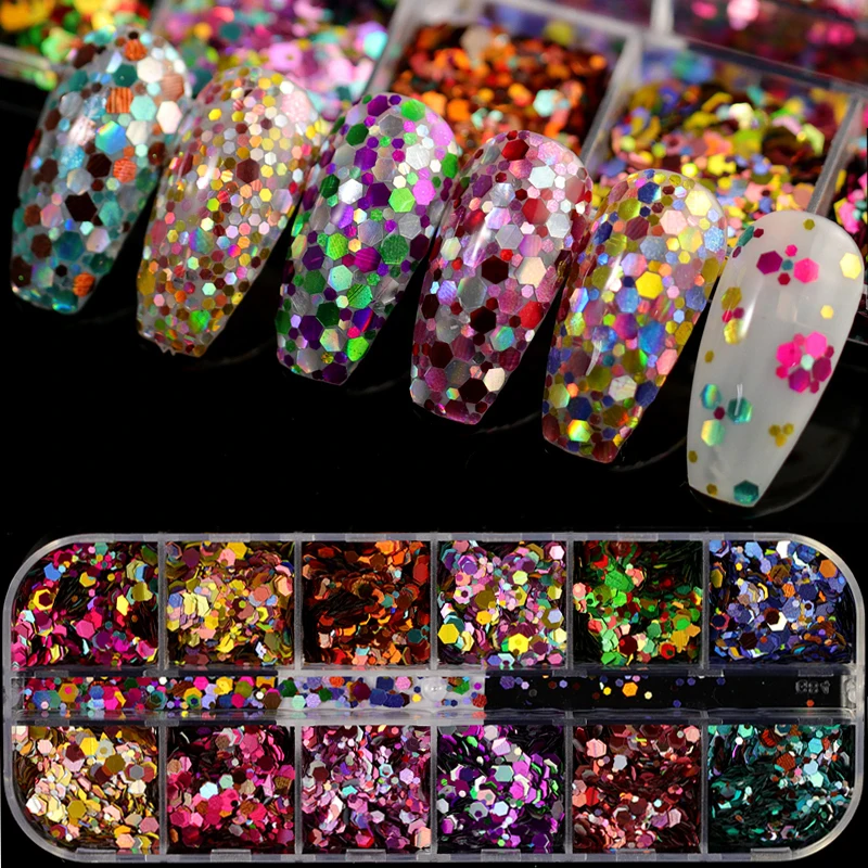 12 Colors Acrylic Nail Art Glitter Sequins Decals Set Fake Nails Tips Decoration Beauty Manicure Tools Mouse