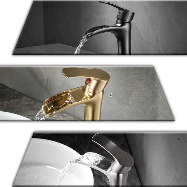 ก๊อกน้ำอ่างล้างหน้าแบบติดตั้งบนเคาน์เตอร์ ทำจากทองเหลืองแท้ แบบน้ำตก น้ำร้อนน้ำเย็น 4
