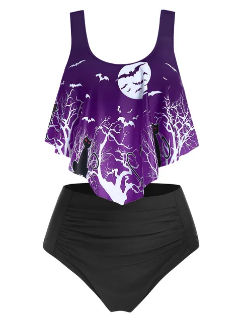 Gothic Women's Swimsuit Bikinis Moon Night Bat High Waist Full Coverage  Swimwear Ruched Two Piece Padded Tankini Bathing Suit