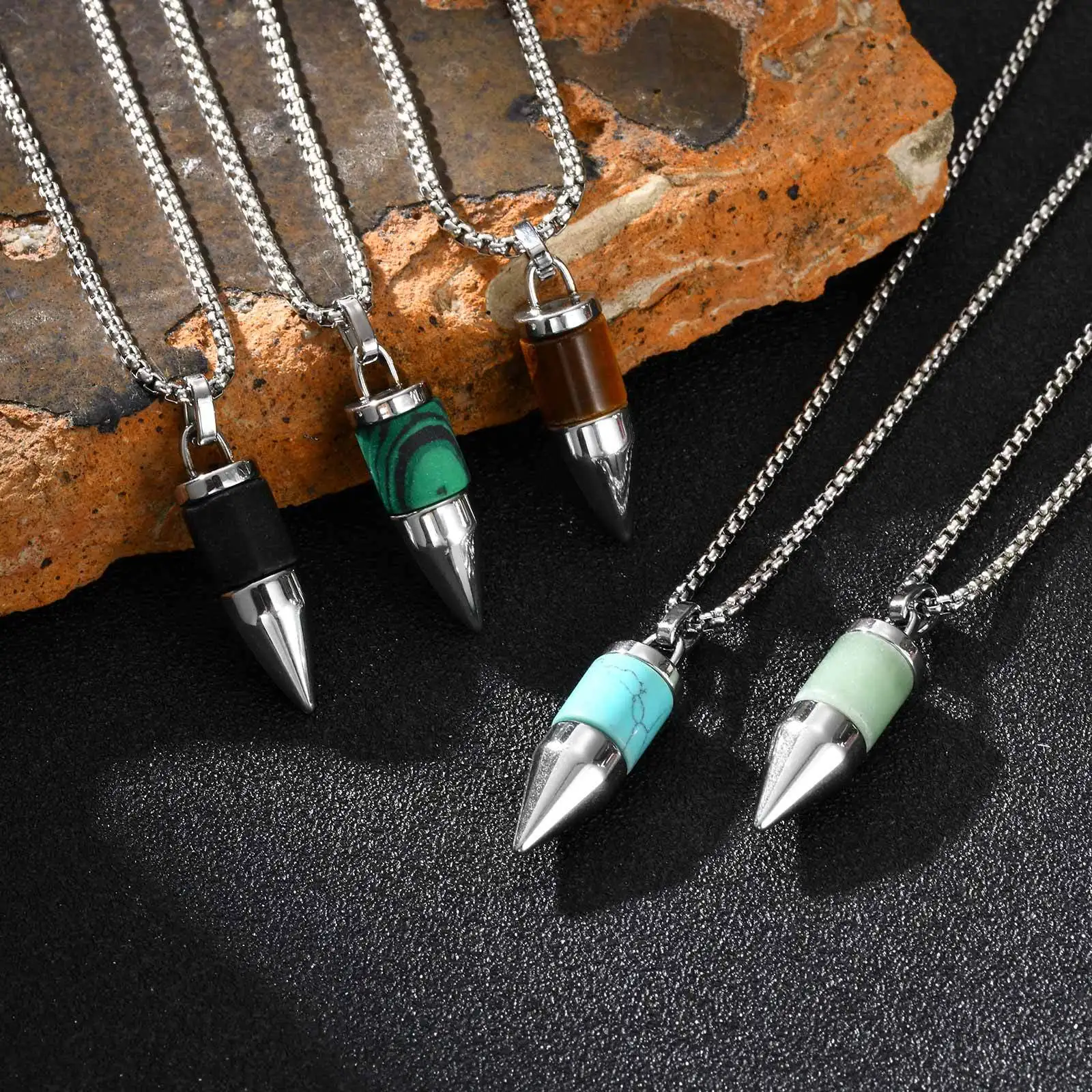 Stylish Bullet Necklaces for Men,Stainless Steel Natural Stone Pendant Necklace,Healing Jewelry Gift for Father Husband Son