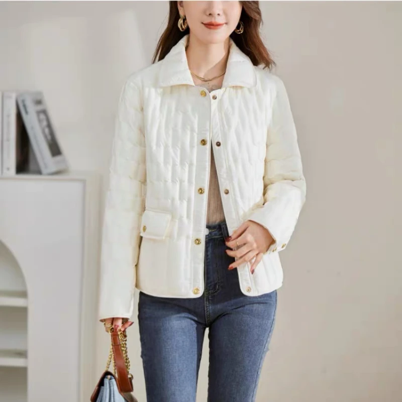 thumbnail image 1 of Chaqueta de plumón para mujer, abrigo corto acolchado con solapa, ligero, cálido, suelto, sencillo, informal, elegante, con botones, abrigo de invierno para mujer, 1 of 5