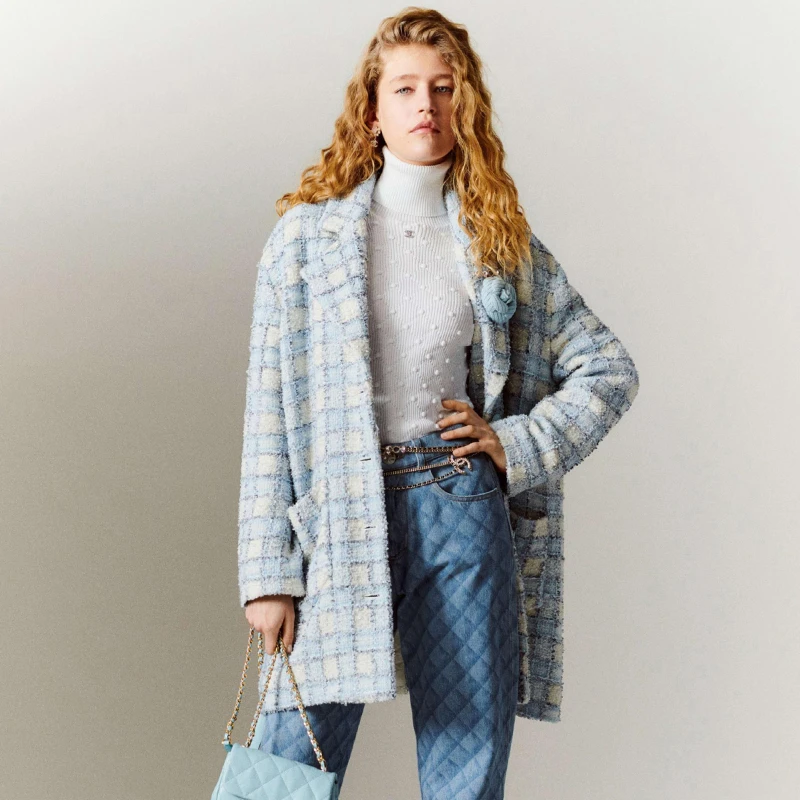 33.7% Wool Coat FOr WOmen Autumn Winter Small Fragrance Blue Plaid Tweed Suit Collar Loose Long Women's Coat Outwear