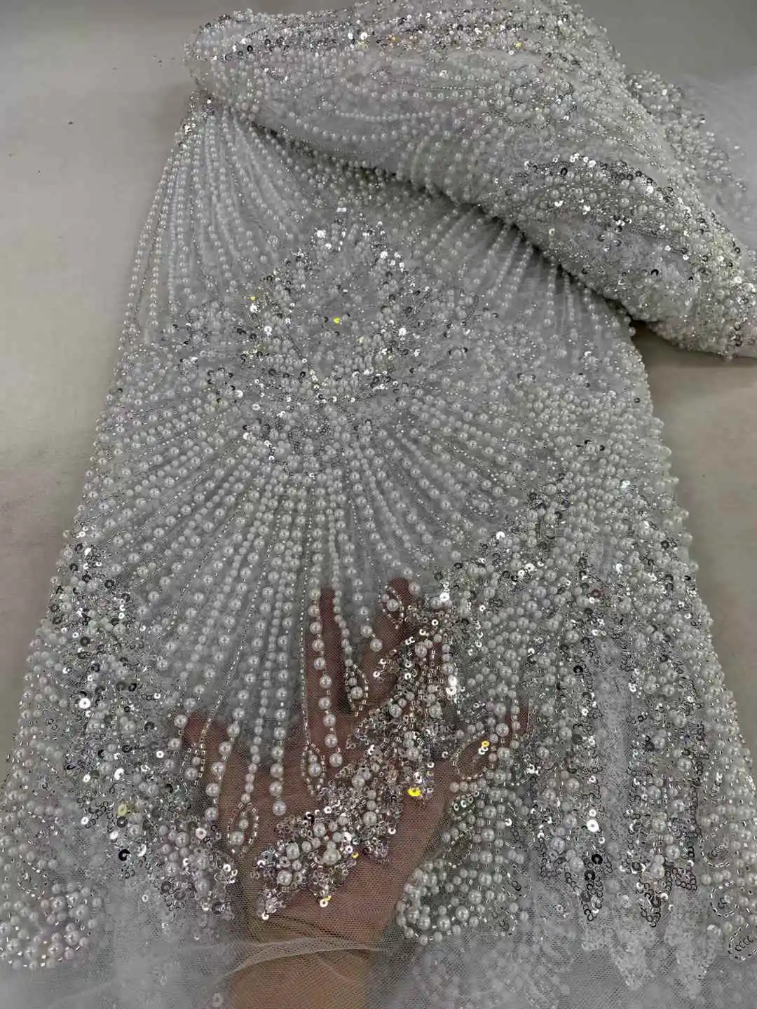 African Sequins Pearls Lace Fabric French Heavy Beaded Tulle Lace Fabric For Bridal Party Dress
