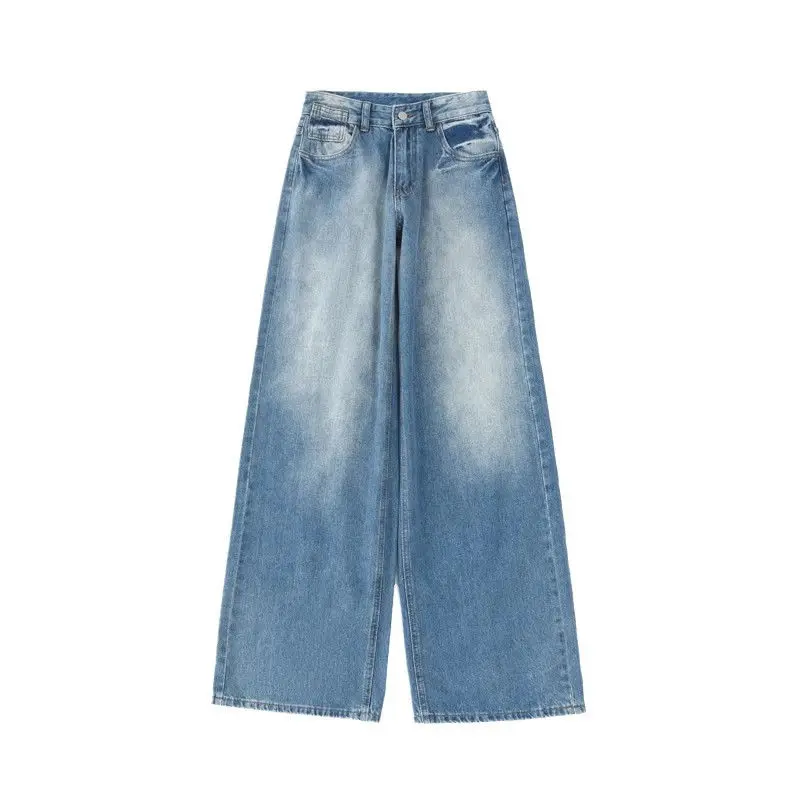 

Washed blue retro wide-legged jeans female spring and summer new high-waisted straight trousers loose drape drag trousers 2024