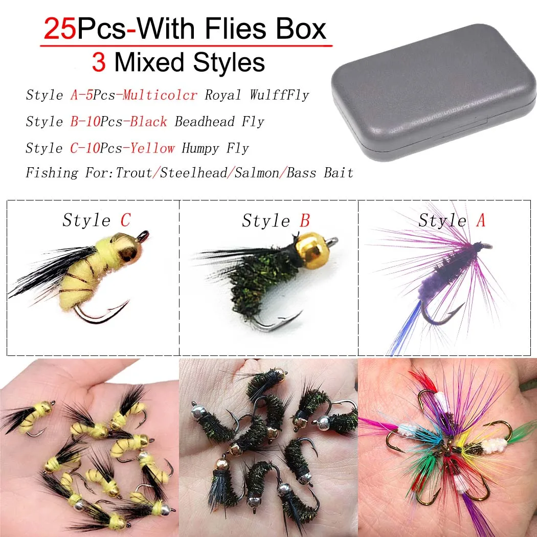 

25Pcs/Box Dry/Wet Trout Fishing Flies,Bead head Fly Black,Humpy Fly,Royal WulffFly Artificial Insects Lure For Salmon/Bass Bait