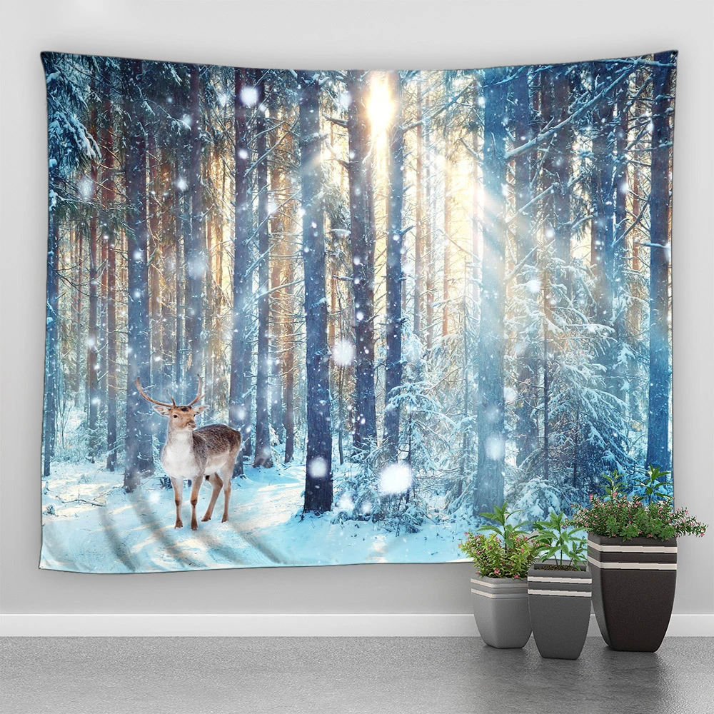 thumbnail image 1 of Tapiz con estampado de muñeco de nieve y alce con paisaje de nieve de invierno para decoración de pared del hogar, sala de estar y dormitorio, 1 of 5