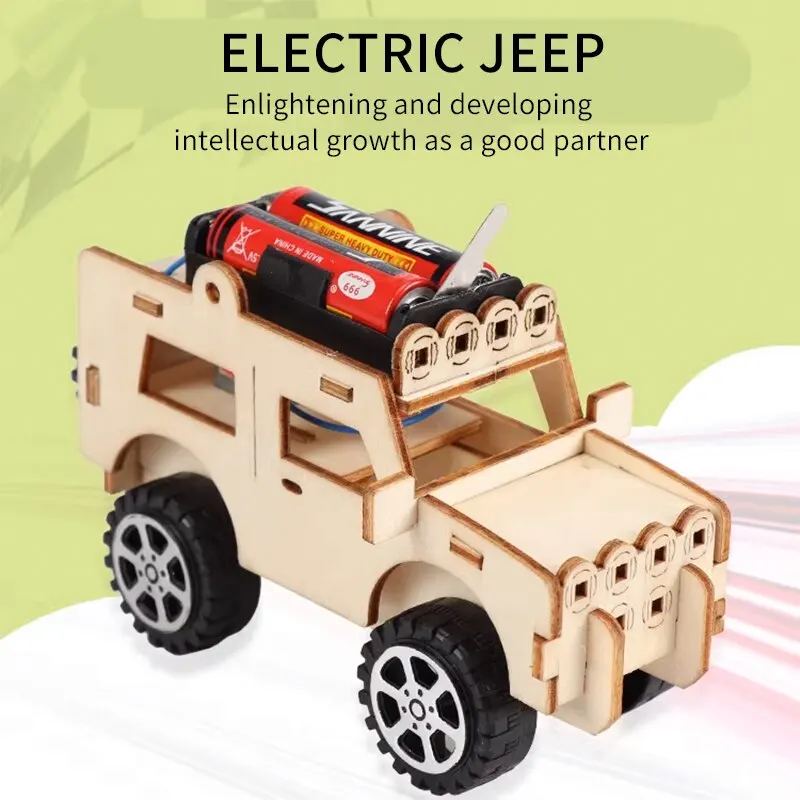 DIY Electric Jeep Model - Brightly colored electric jeep assembled by kids, moving forward on a smooth surface