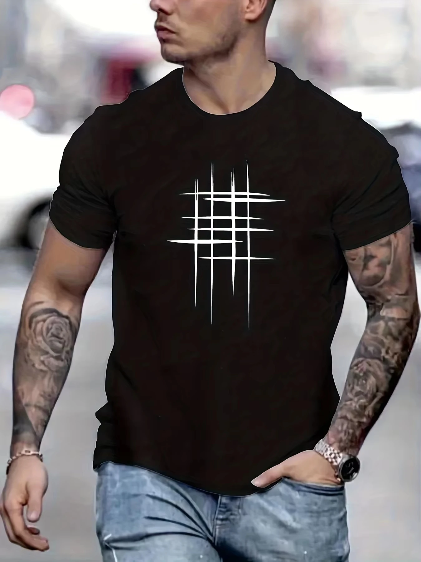 Summer Men's Cotton Casual Loose Size Graphic Line Print Round Neck Short Sleeve T-shirt Top Summer Men Clothes T shirt Men