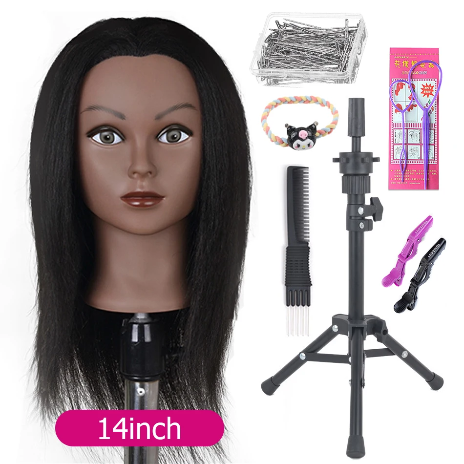 Afro Mannequin Heads With Real Hair With Adjustable Tripod Hairdressing Dolls Training Head For Practice Styling Braiding
