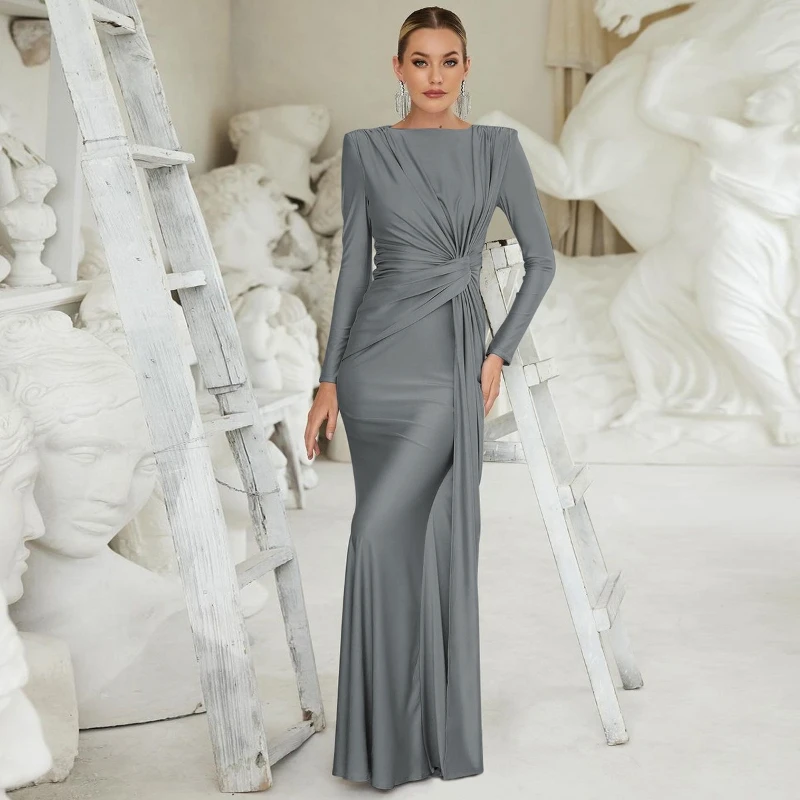 2025 Autumn Fashion New Women's Elegant Round Neck Loose Irregular High Waist Banquet Style Dress Party Long Dress 6