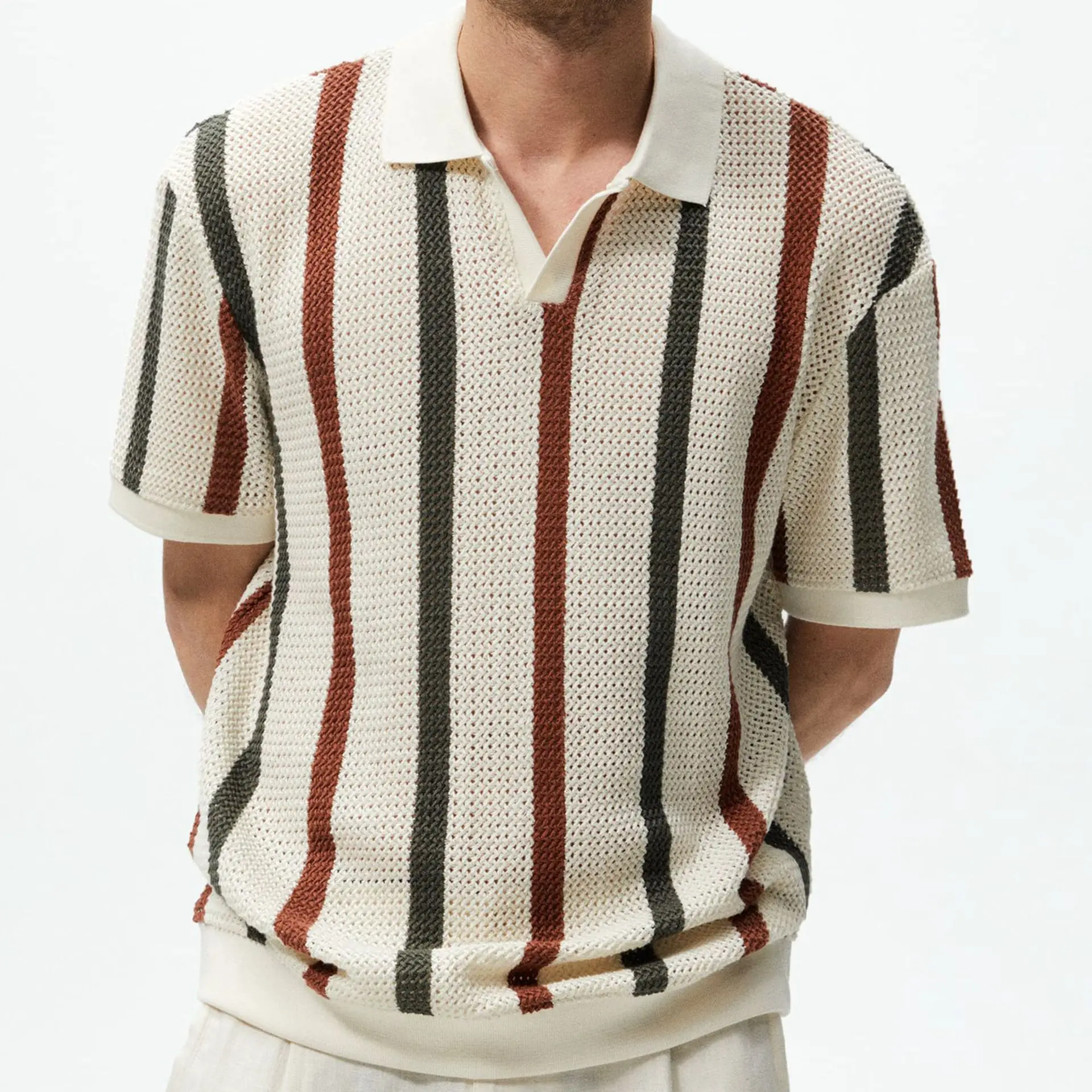 Men's Knit Shirt with Thick Needled Summer V-Neck Polo Shirt Solid Color Woolen Breathable Casual Clothing Short Sleeve