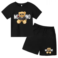 Children Summer Charming Rose Letter Bear Print T-shirt+Shorts Set Boys Girls 3-12Yrs Casual Toddler Sports First Choice Clothes 1