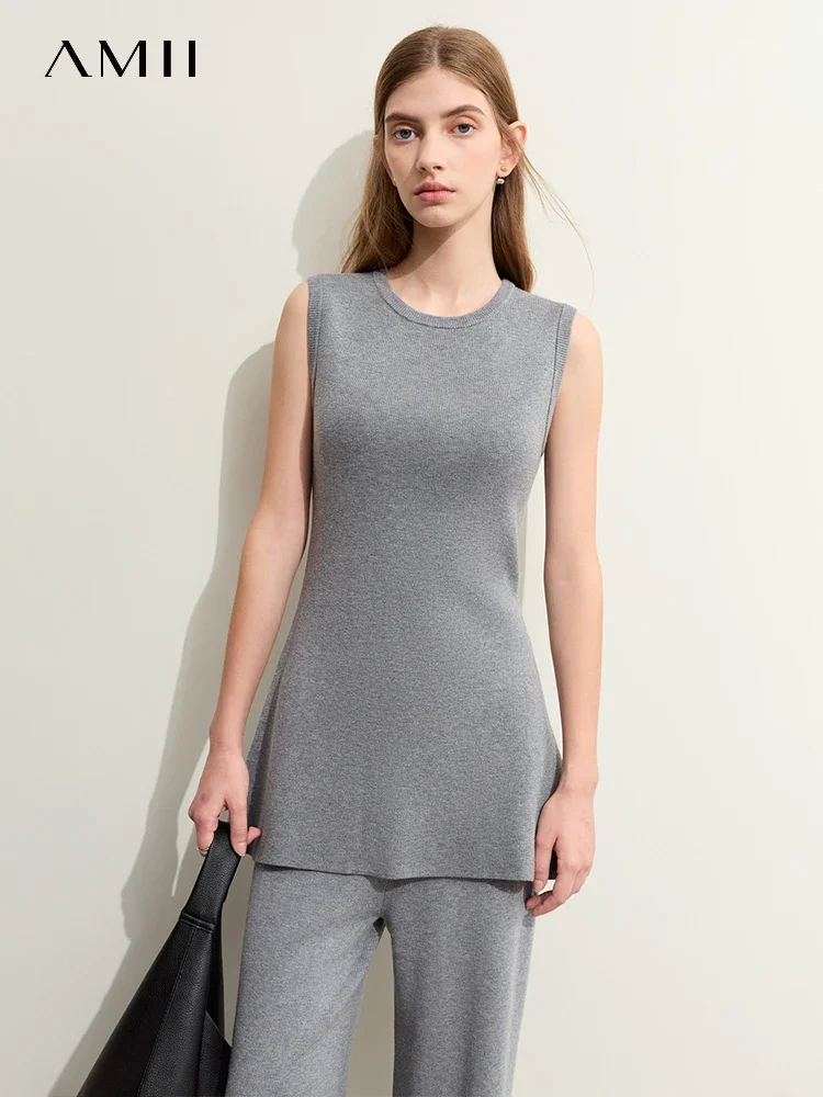 

AMII Minimalist Women Sweater Vest 2023 Winter New Trendy Crewneck Slim Sleeveless Woolen Knit Clip Solid Lady Tops 12354047