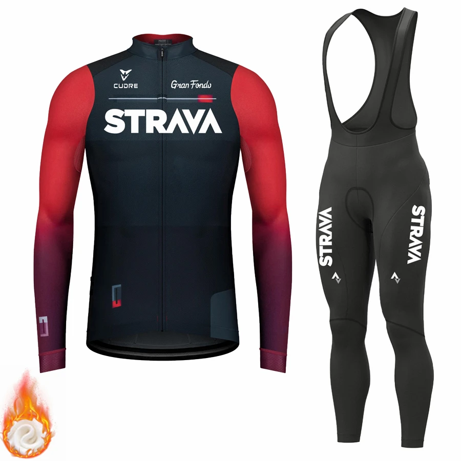 Winter Cycling Clothing STRAVA 2024 New Men's Long Sleeves Cycling Jersey Set Winter Thermal Fleece Road Bike Cycling Clothing 4