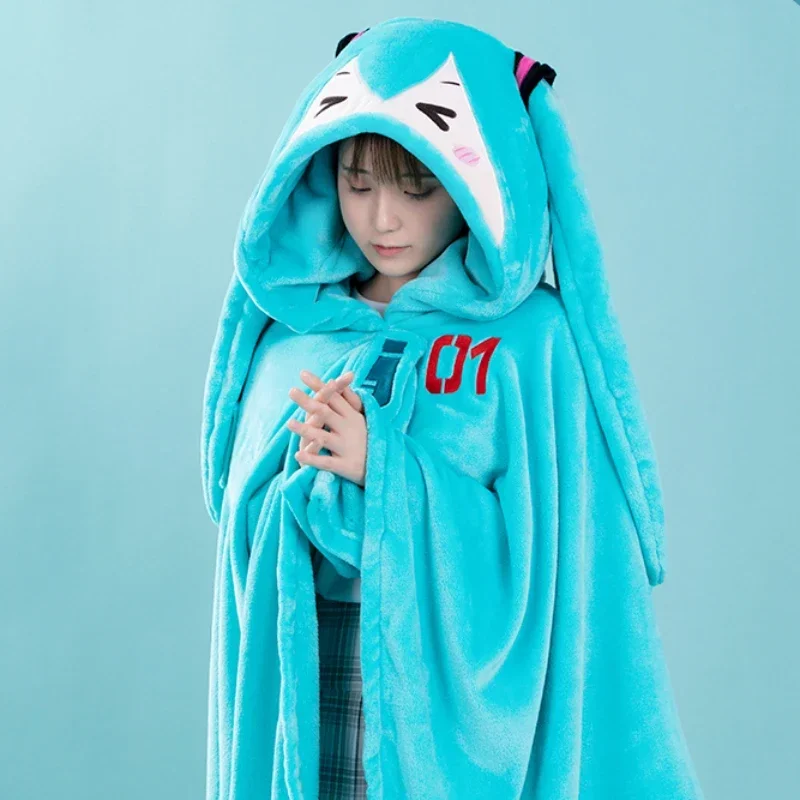 

Kawaii Soft Warm Flannel Shawl Genuine Hatsune Miku Surrounding Multifunctional Hooded Air Conditioning Blanket Small Pillow