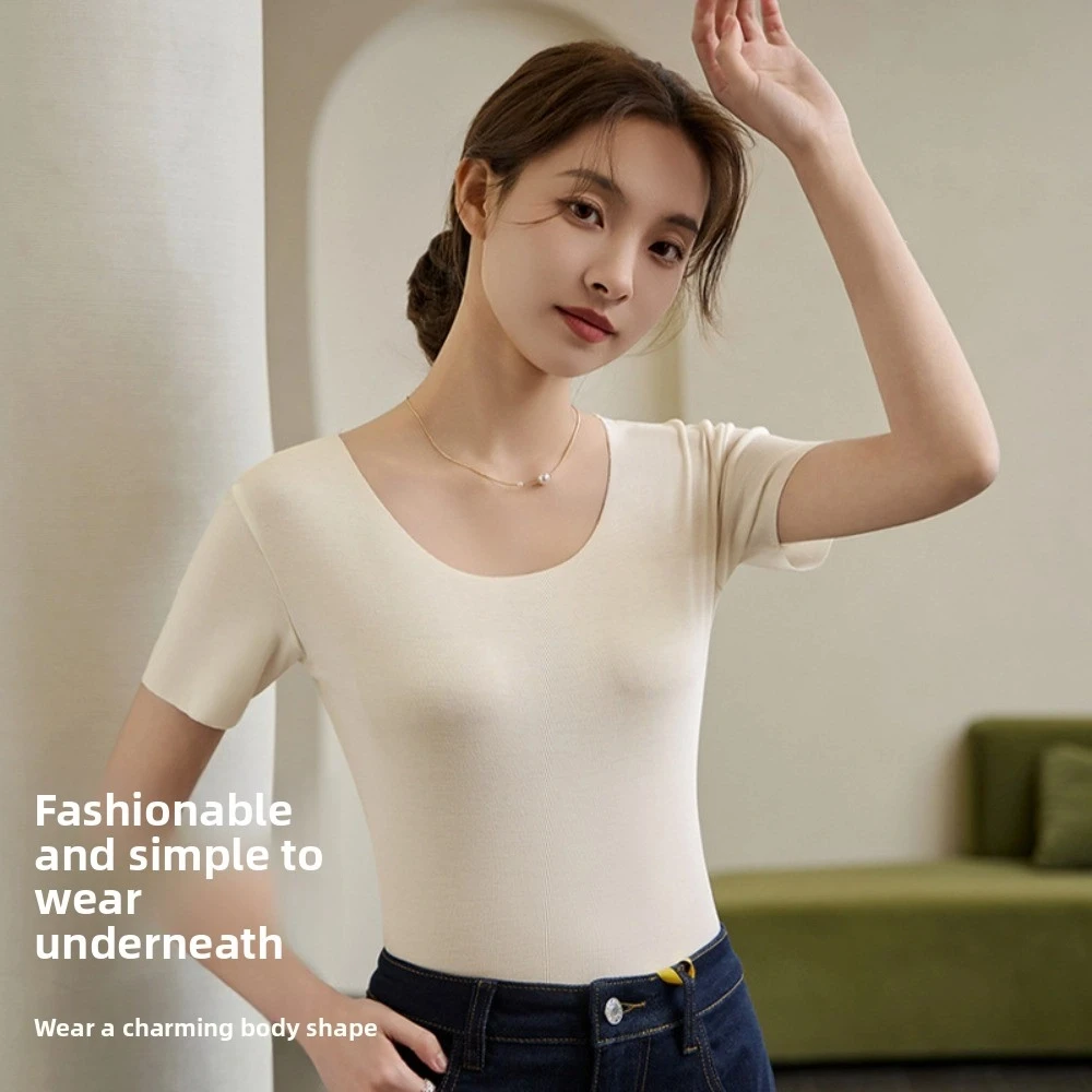 Breathable U Round Neck Women Thin T-shirts Korean Style Solid Color Female Crop Tops Undershirt Modal Base Shirt Travel