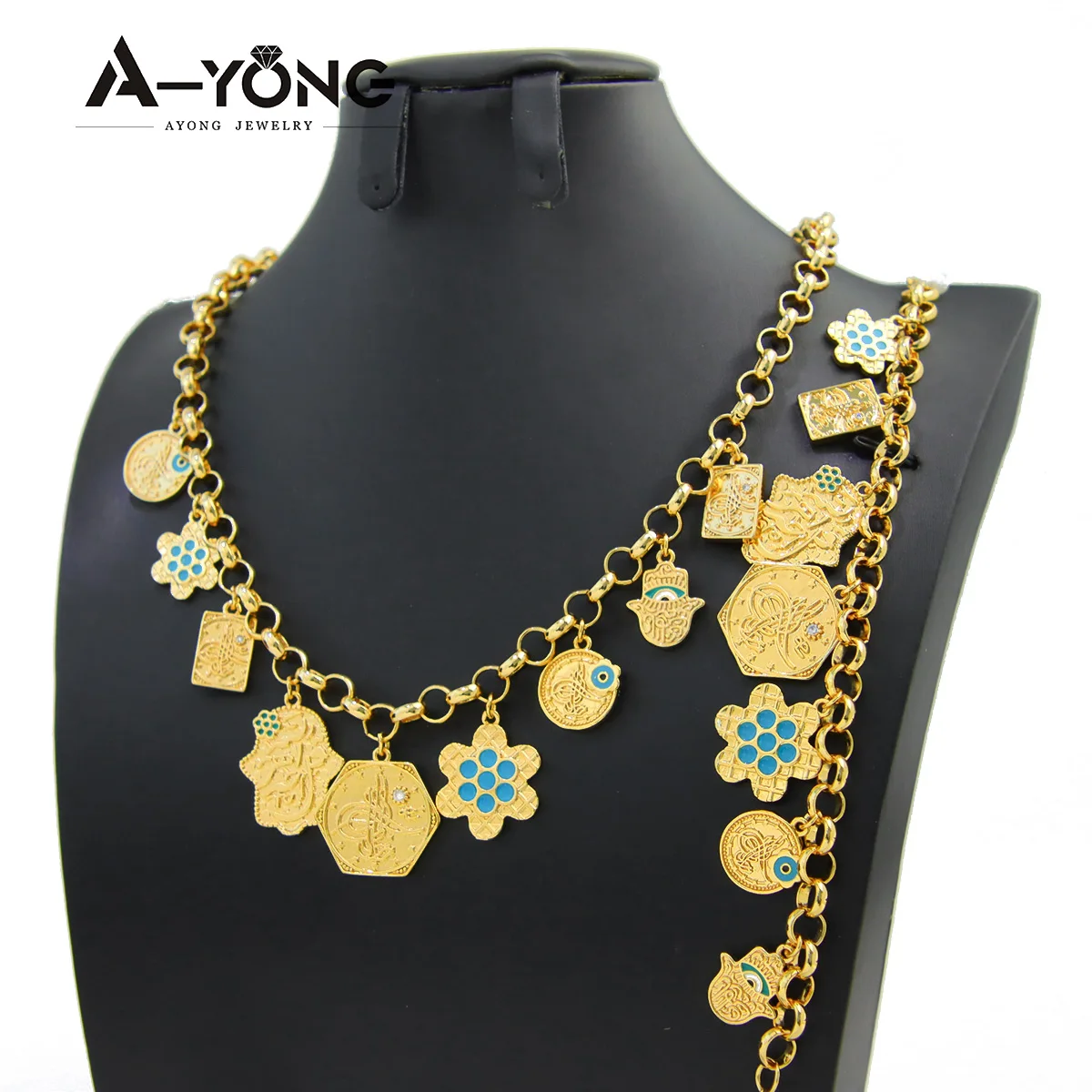 Arabisches Mode-Punk-Schmuckset 21k Vergoldet Arabesque Glücksbringer Hip-Hop Halskette Armband Marokkanischer Vintage-Schmuck für Frauen – Detail 6