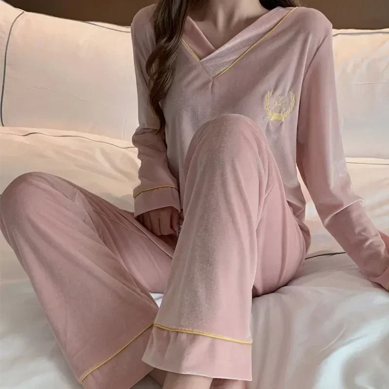 

Suits Sleeve Clothes Long Women V-neck Loose Pajamas Velvet Velour Sleepwear Autumn Green Trouser Home Set Nightwear