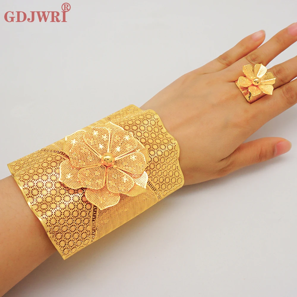 France Luxury Chain Cuff Bangle & Ring For Women Dubai Gold Color Indian Moroccan Big Bracelet Jewelry Arabic African Wedding