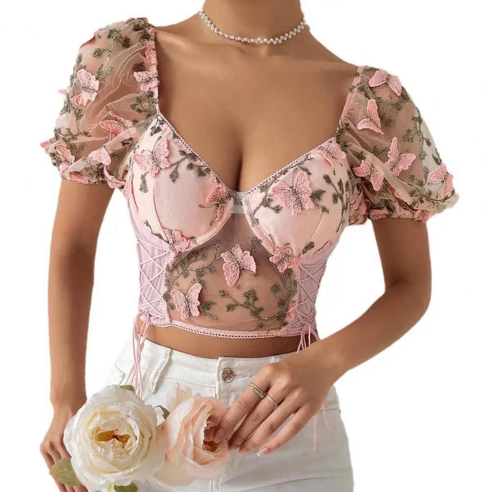 

Women Top Stylish Embroidered Mesh Crop Tops with Drawstring Detail V-neck See-through Blouses for Women Trendy Floral Patterned