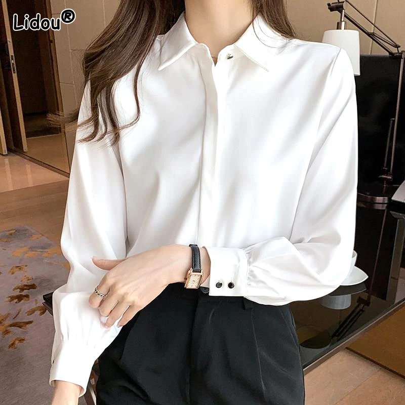 

Elegant Fashion Korean White Long Sleeve Covered Button Comfortable Blouses Straight Loose Wild Solid Color Shirt Women Clothing