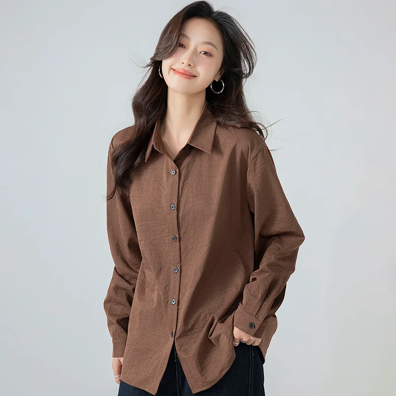 New Women'S Spring Autumn Loose Versatile Commuter Casual Top Simple Solid Color Professional Base Collar Long Sleeve Shirt Lady