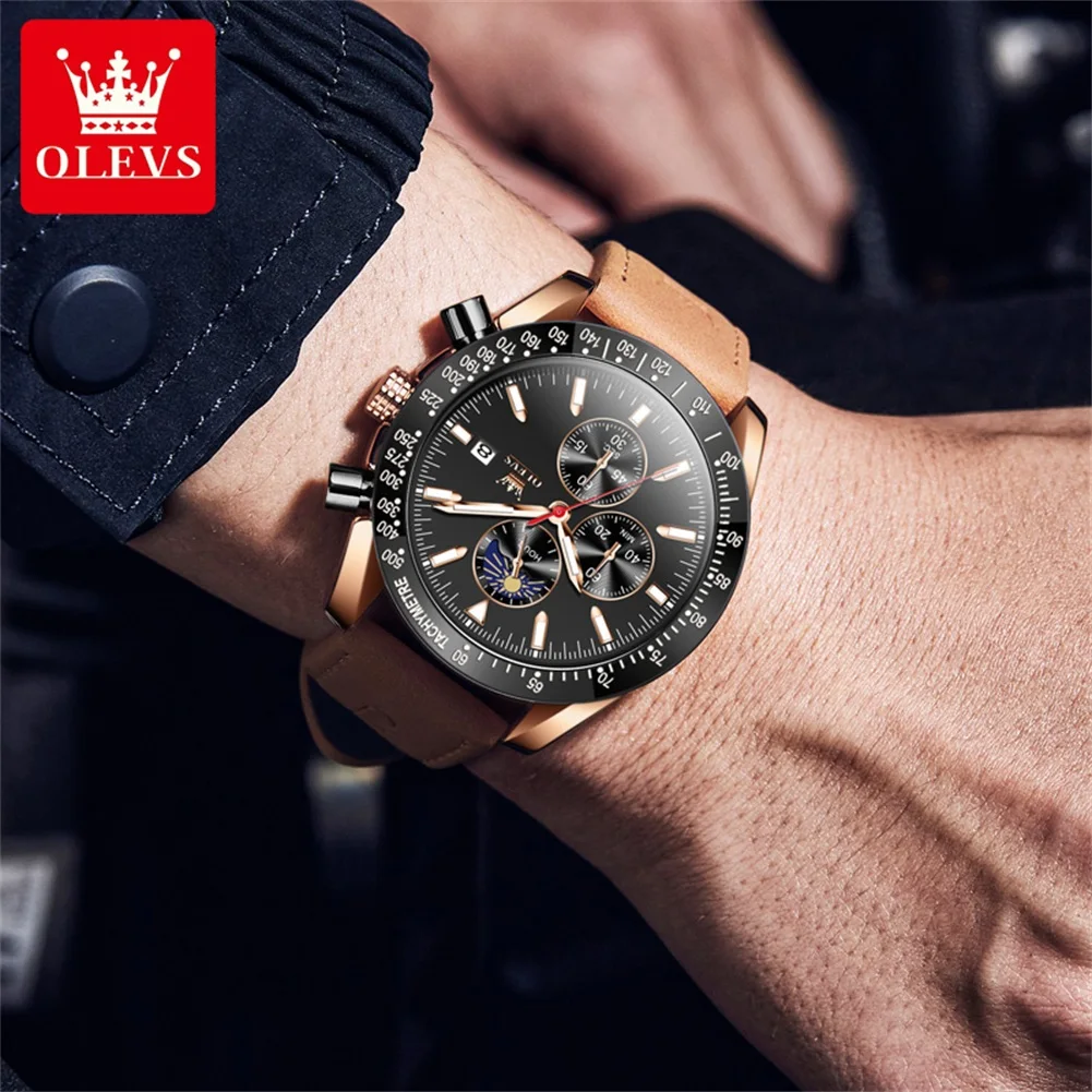 OLEVS Luxury Man Watch High Quality Waterproof Chronograph Luminous Men's Wristwatch Leather Men Quartz Watches Casual Clock