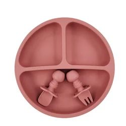 BPA-Free Silicone Suction Dining Set for Children - Includes Smiley Face Plate, Spoon, Fork, and Bib (Pink 3pcs set)