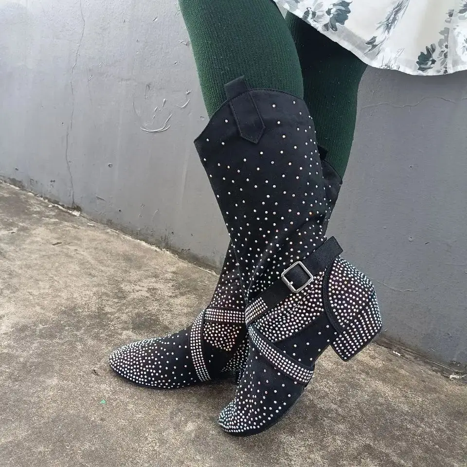Practice OEM Latin Dance Boots Black Rhinestone Soft Latin Salsa Ballroom Party Dancing Shoes Black Sport Party Dance Boot Shoes 4