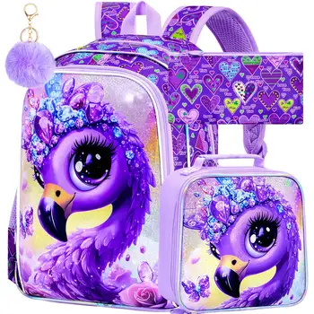 16" Flamingo Backpack for Girls, 3Pcs School Backpacks Set for Elementary Preschool Kindergarten, Kids Bookbag with Lunch Box (P 1