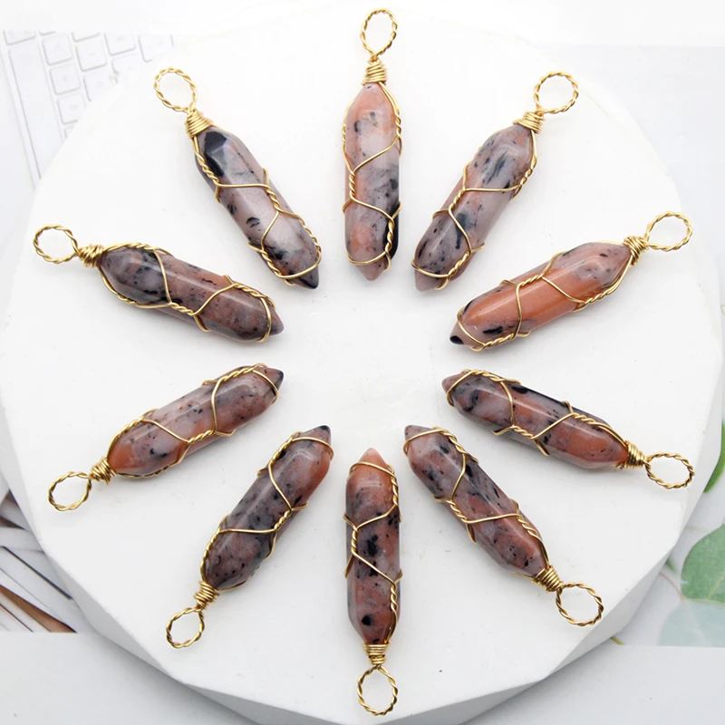 12pcs pietra naturale quarzo rosa colonna di vetro colorato pendente esagonale colonna pendente fatto a mano filo di ferro per la fabbricazione di gioielli  36