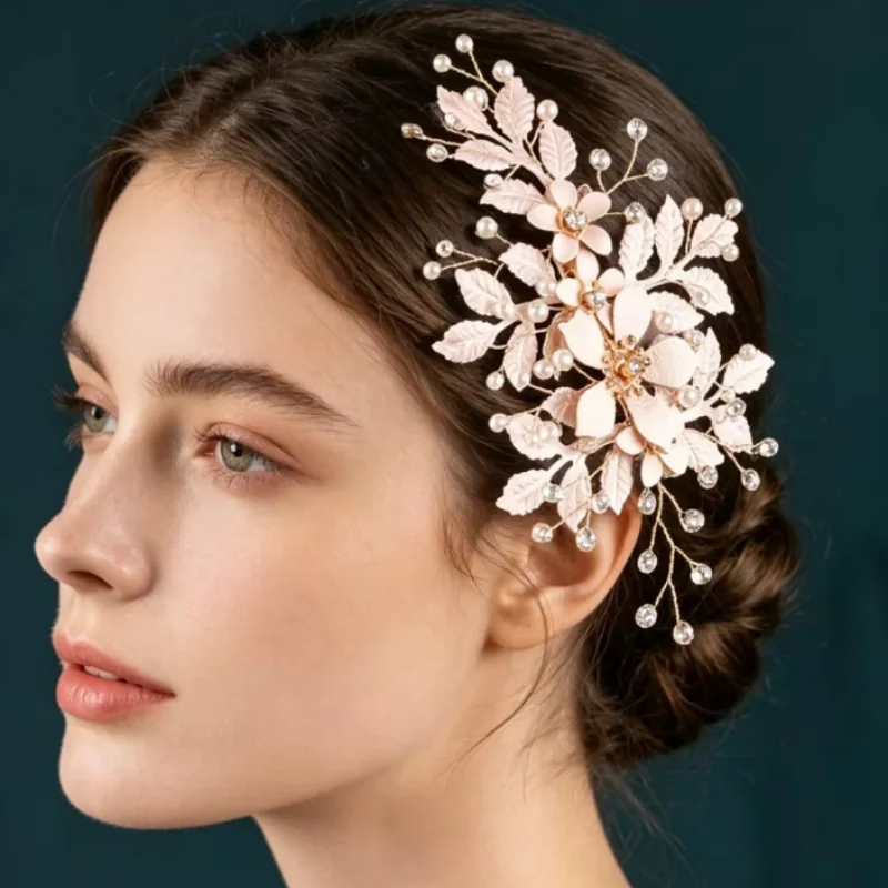 Accessorio per Capelli da Sposa con Fiore Rosa, Strass e Perle, Fermaglio per Capelli da Damigella, Elegante Decorazione per Occasioni Speciali