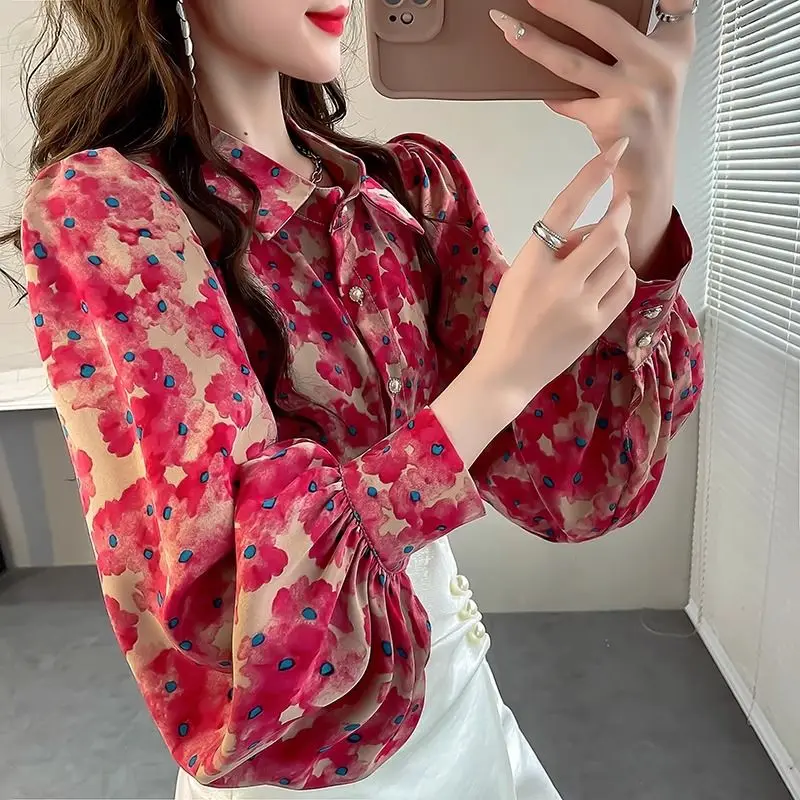 여성용 폴로 칼라 패션 랜턴 소매 셔츠, 우아한 캐주얼 루즈 프린팅 단추 가디건, 올매치 상의, 용수철 가을 신상