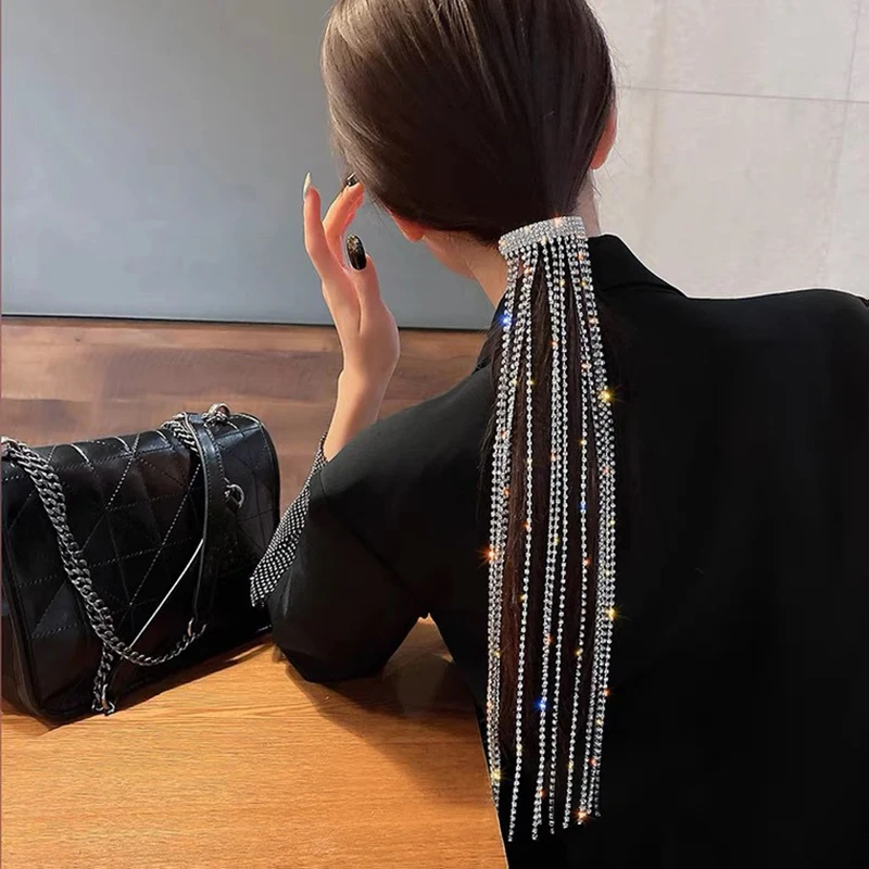 Full Rhinestone Long Tassel Hairpins para Mulheres,