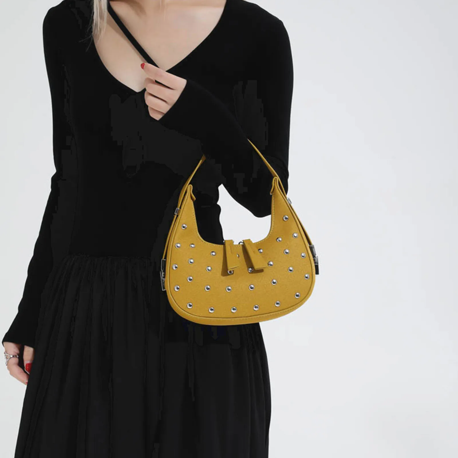 Rivet Shoulder Bag with Zipper Closure Clutch Hobo Handbag Underarm Purse for Women