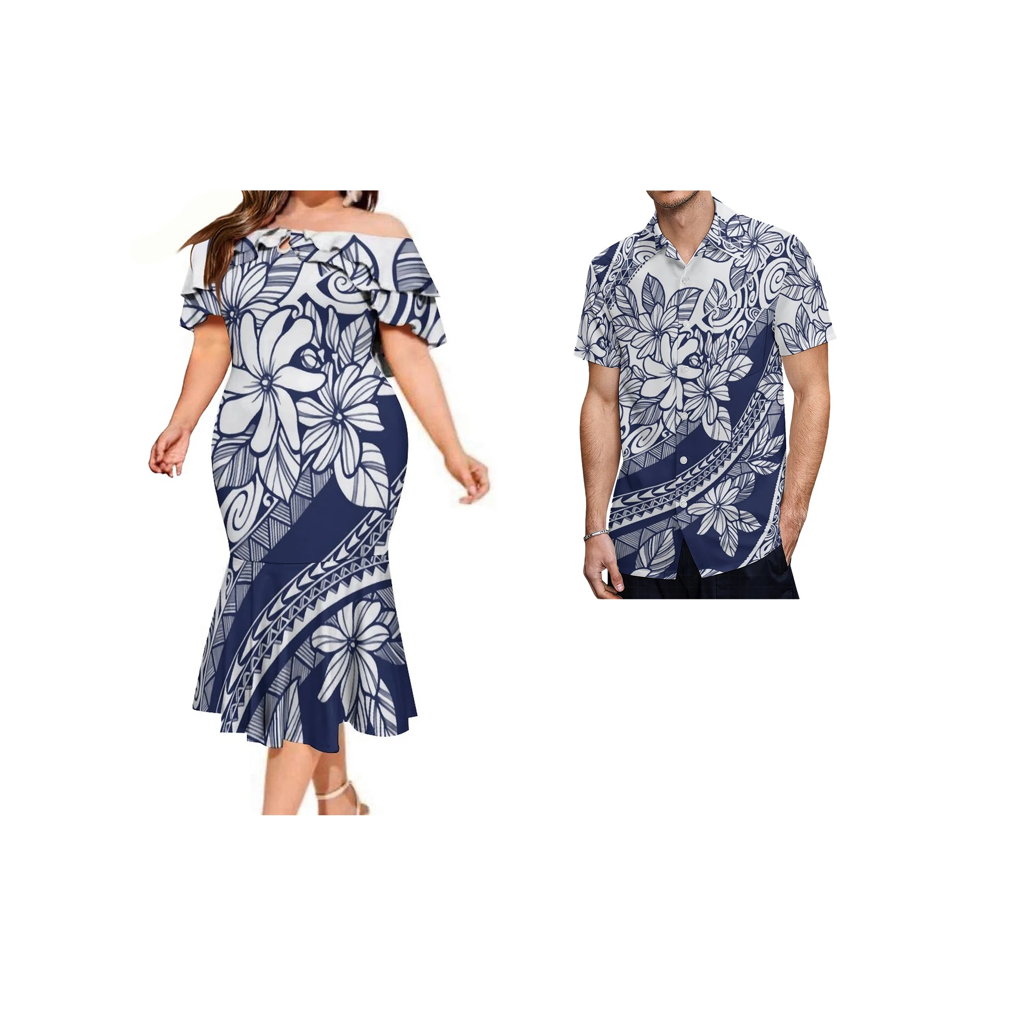 

New Custom Double Layered Ruffle Off Shoulder Mermaid Dresses Polynesian Tribal Women Dress Match Mens Shirts