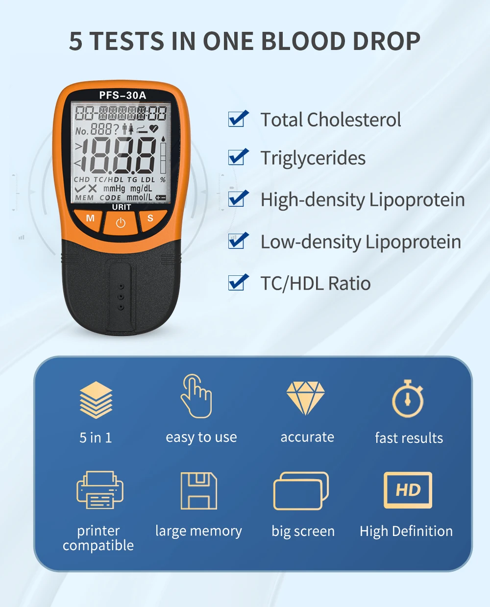 20pcs Strips for 5 in 1 Lipid Profile Test Meter Total Cholesterol Triglyceride High Low Density Lipoprotein URIT Analyzer