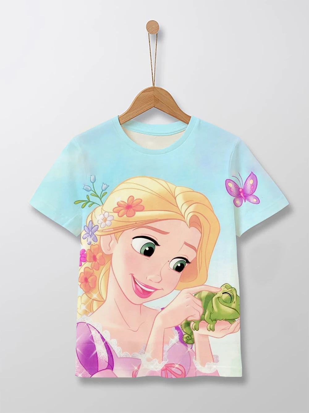 Summer 2023 Disney Enchanted Rapunzel printed round neck short-sleeved T-shirt 1-14 years old street fashion children's T-shirt 3
