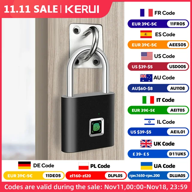 KERUI Keyless USB Charging Fingerprint Lock Smart Padlock Waterproof Door Lock 0.2sec Unlock Portable Anti-theft Padlock Zinc