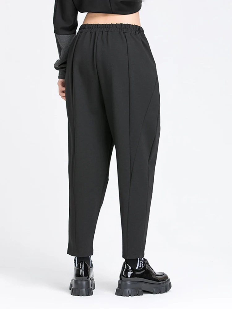 [EAM] High Elastic Waist Black Long Split Joint Harem Trousers New Loose Fit Pants Women Fashion Tide Spring Autumn 2026 1Y766
