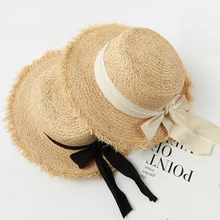 

Casual Short Natural Raffia Straw Boater Hat Women Summer Handwoven Panama Sun Hat Fashion Lady Wide Brim Sun Beach Fedora Hat